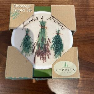 4 Coaster set Herbs and Flowers design; Absorbent tiles in green wooden caddy